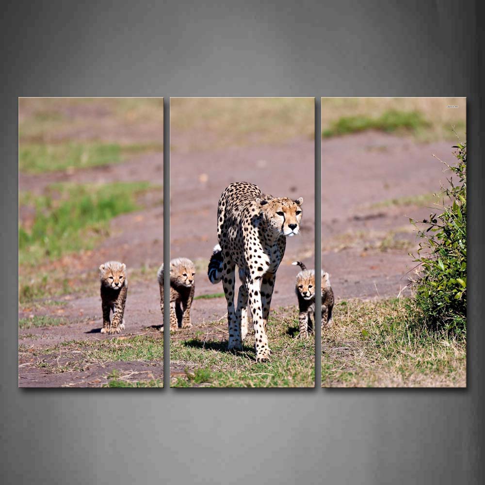 Mother Cheetah And Cubs Walk On Grass Plant Wall Art Painting The Picture Print On Canvas Animal Pictures For Home Decor Decoration Gift 