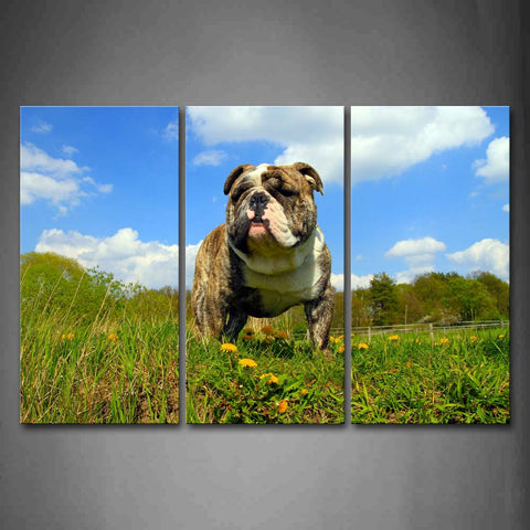 Bulldog Stand On Grass Trees Yellow Flower Wall Art Painting The Picture Print On Canvas Animal Pictures For Home Decor Decoration Gift 