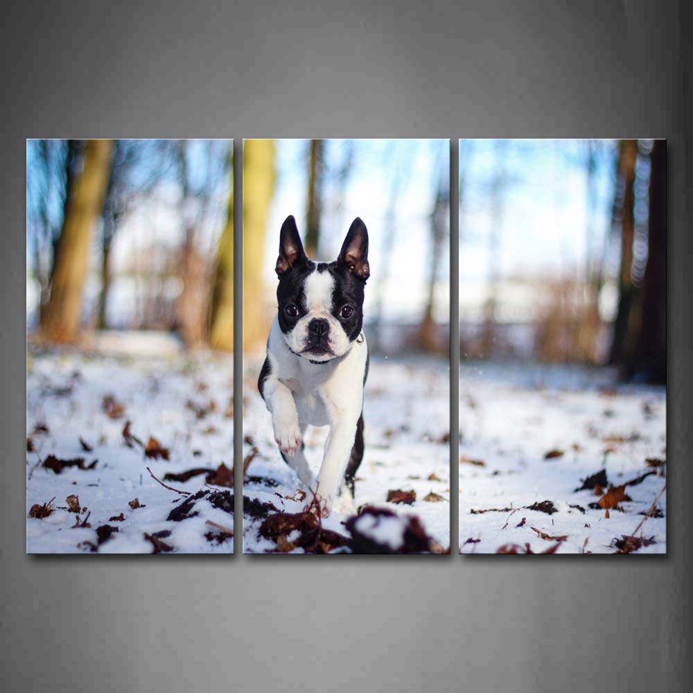 French Bulldog Walk On Snowfield Tree Fallen Leafs Wall Art Painting Pictures Print On Canvas Animal The Picture For Home Modern Decoration 