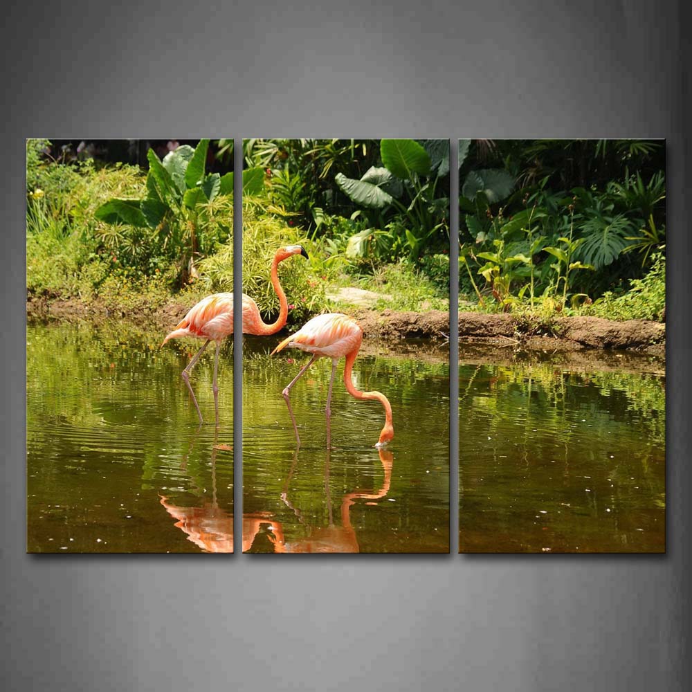 Two Flamingos In Water To Find Food Plant Wall Art Painting Pictures Print On Canvas Animal The Picture For Home Modern Decoration 