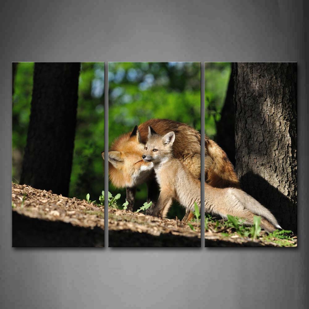 Mother Fox Lick Cub In Forest Wall Art Painting The Picture Print On Canvas Animal Pictures For Home Decor Decoration Gift 