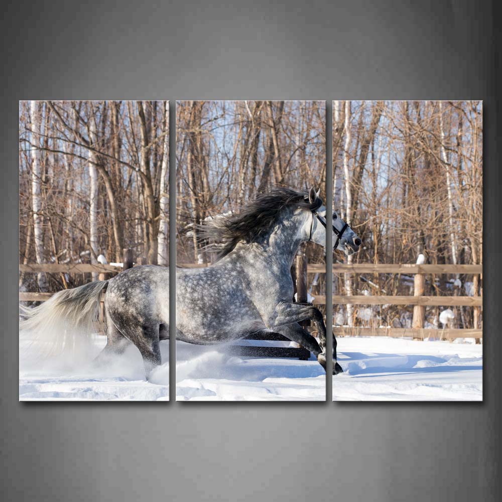 Horse Is Running On Snowfield In Stud-Farm Trees Wall Art Painting The Picture Print On Canvas Animal Pictures For Home Decor Decoration Gift 