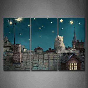 White Cat Sit On Roof At Night Star Moon Wall Art Painting Pictures Print On Canvas Animal The Picture For Home Modern Decoration 