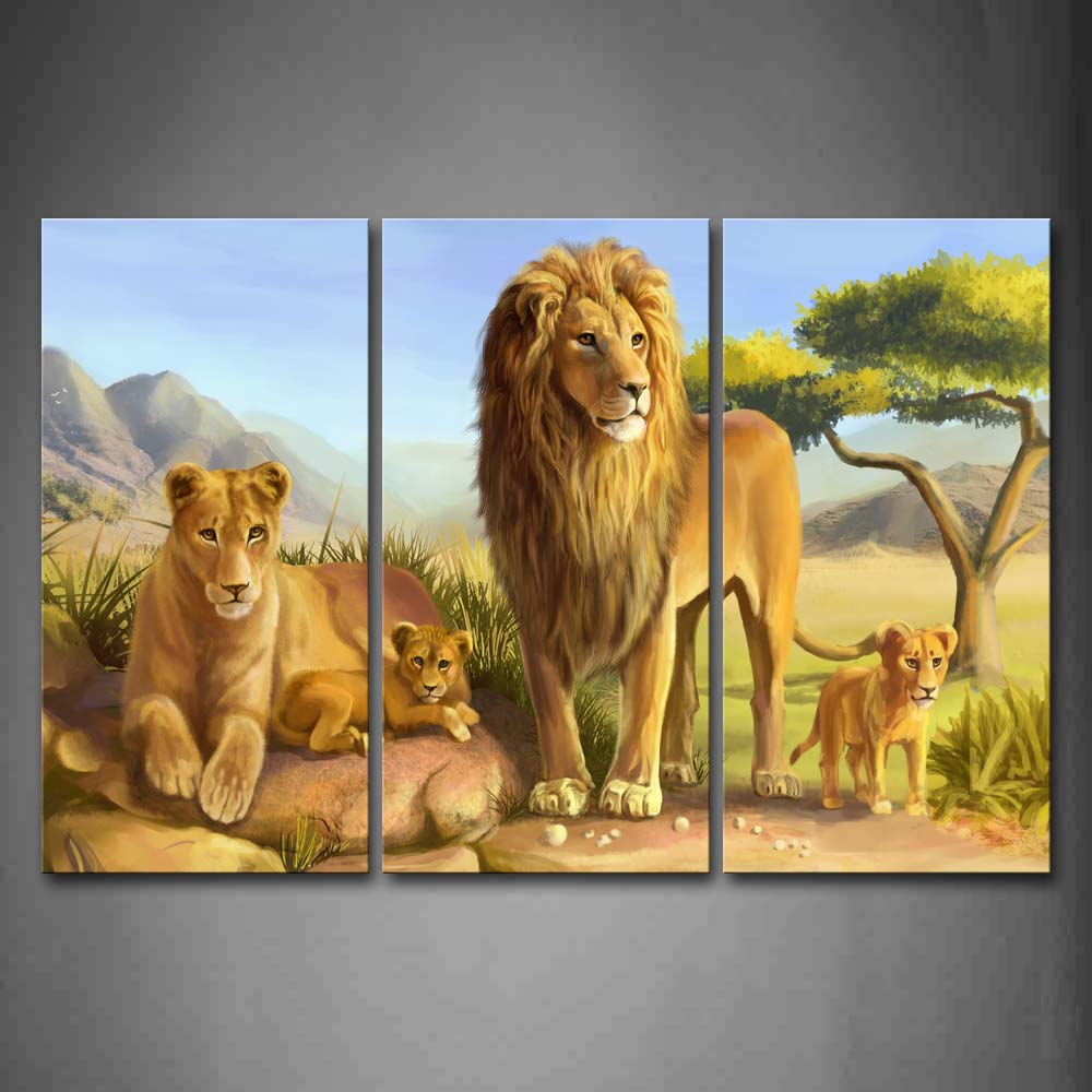 A Family Of Lion On Rock Tree Grass Mountain Wall Art Painting Pictures Print On Canvas Animal The Picture For Home Modern Decoration 