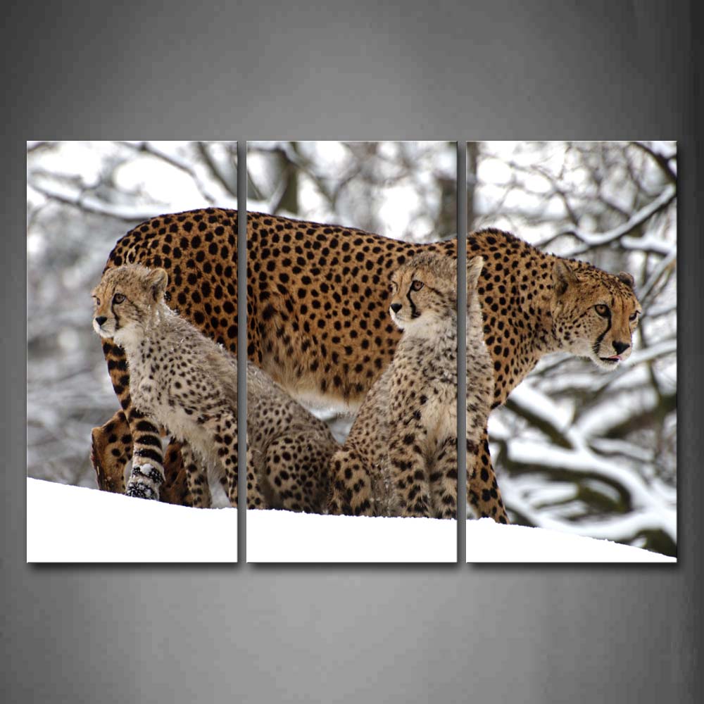 Mother Cheetah With Cubs On Snowfield Tree Wall Art Painting Pictures Print On Canvas Animal The Picture For Home Modern Decoration 