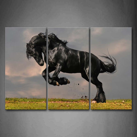 Black Horse Jump Over Lawn Mud  Wall Art Painting Pictures Print On Canvas Animal The Picture For Home Modern Decoration 