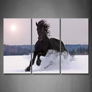 Black Horse Run On Snowfield Dawn Hill Wall Art Painting The Picture Print On Canvas Animal Pictures For Home Decor Decoration Gift 