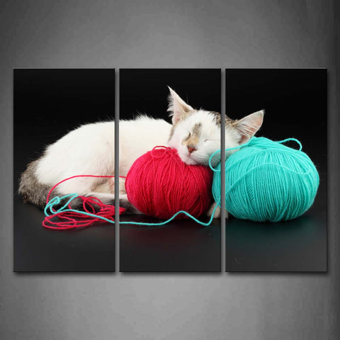 White Cat With Red And Blue Wool Balls Wall Art Painting Pictures Print On Canvas Animal The Picture For Home Modern Decoration 