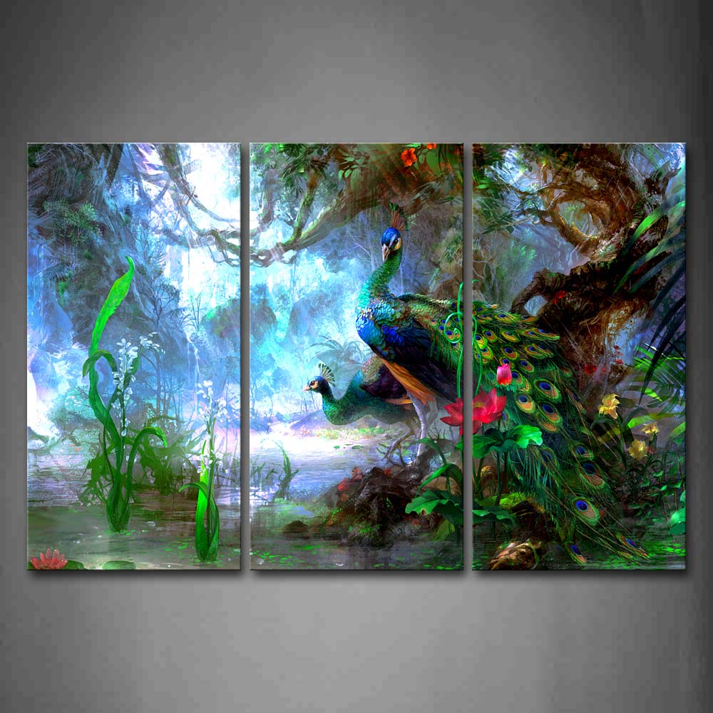 Artistic Peacocks In Forest Grass Flower River Wall Art Painting The Picture Print On Canvas Animal Pictures For Home Decor Decoration Gift 