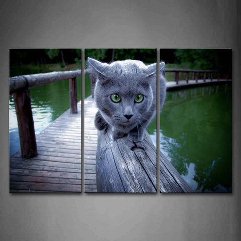 Gray Cat Sit On Rail Bridge Lake Wall Art Painting The Picture Print On Canvas Animal Pictures For Home Decor Decoration Gift 