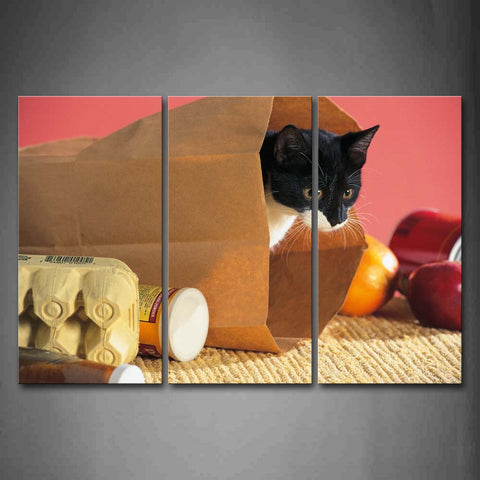 Cat Hide In Paper Bag With Food On Blanket Wall Art Painting The Picture Print On Canvas Animal Pictures For Home Decor Decoration Gift 