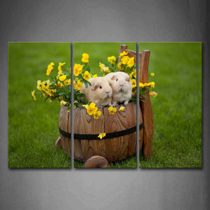 Two Guinea Pigs And Yellow Flower In Cask On Lawn Wall Art Painting The Picture Print On Canvas Animal Pictures For Home Decor Decoration Gift 