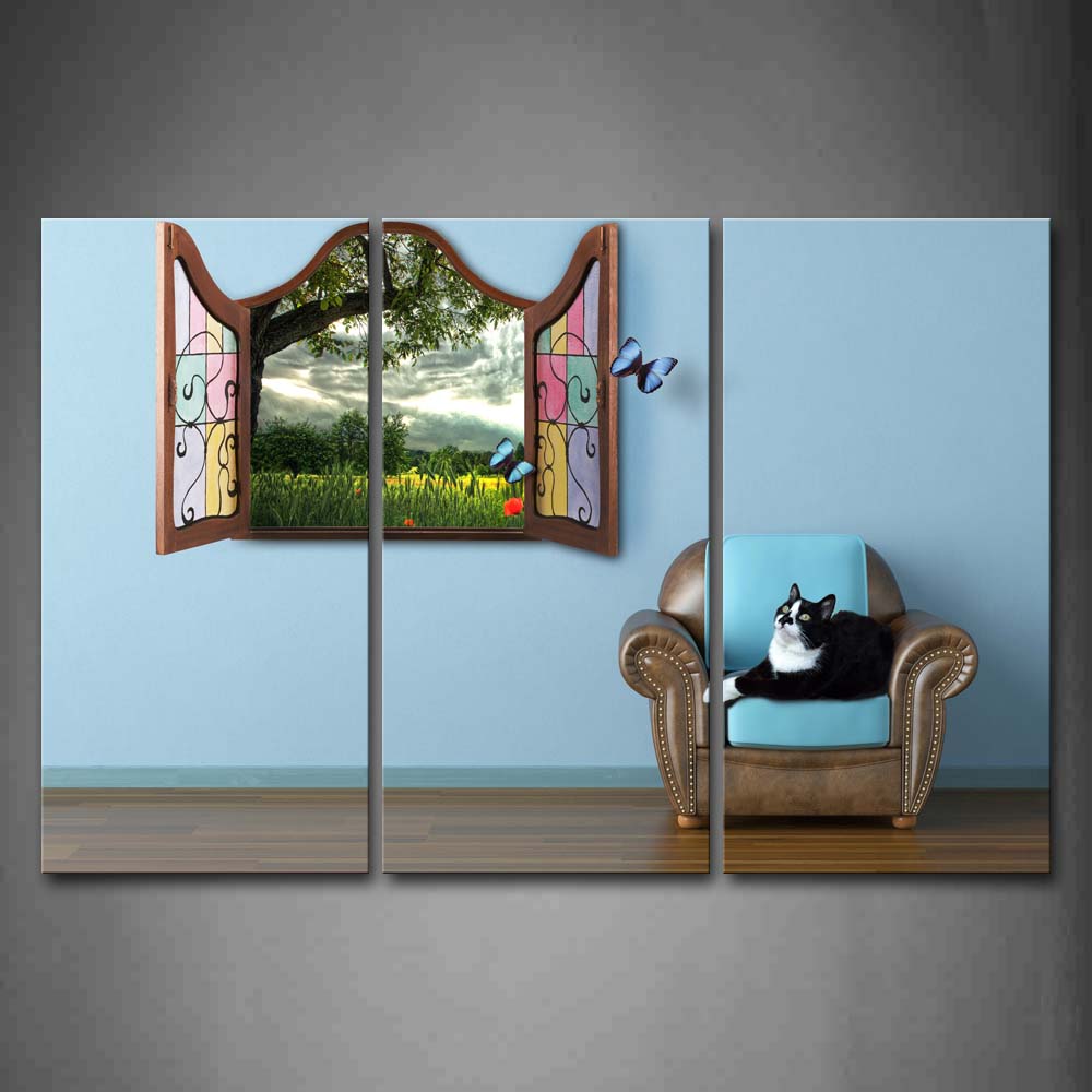 Cat Sit On Sofa Blue Wall Scenery In Window Wall Art Painting The Picture Print On Canvas Animal Pictures For Home Decor Decoration Gift 