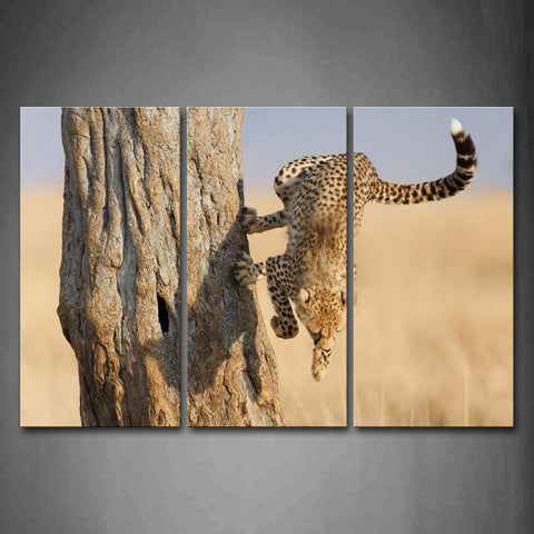 Cheetah Jump Down Dry Grass Trunk Wall Art Painting The Picture Print On Canvas Animal Pictures For Home Decor Decoration Gift 