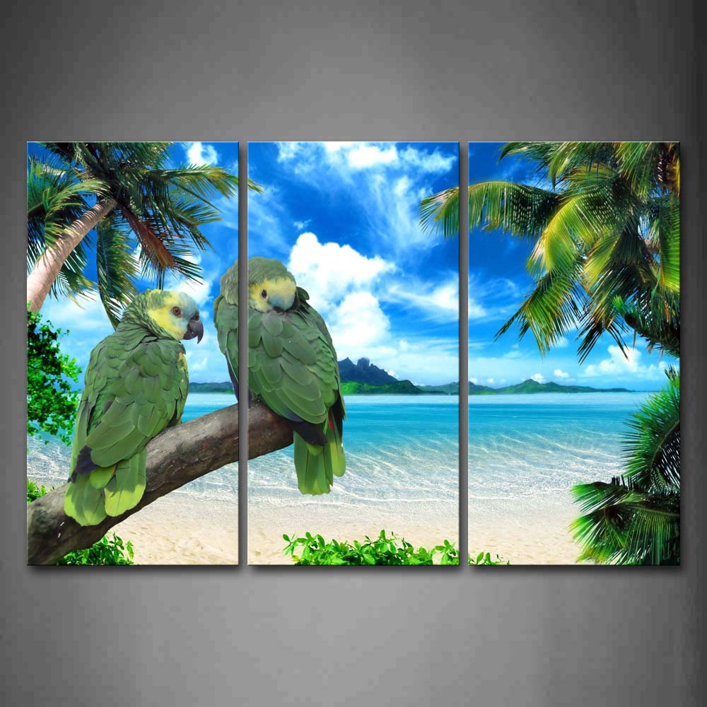 Two Green Parrots Stand On Branch Near Beach Coconut Tree Wall Art Painting The Picture Print On Canvas Animal Pictures For Home Decor Decoration Gift 