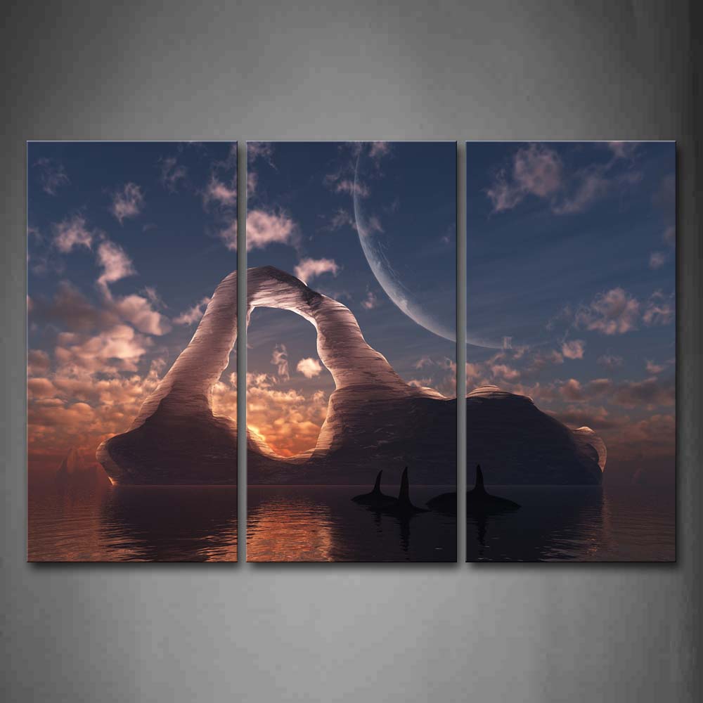 Artistic Sharks Swim On Sea Iceberg At Dusk Wall Art Painting The Picture Print On Canvas Animal Pictures For Home Decor Decoration Gift 