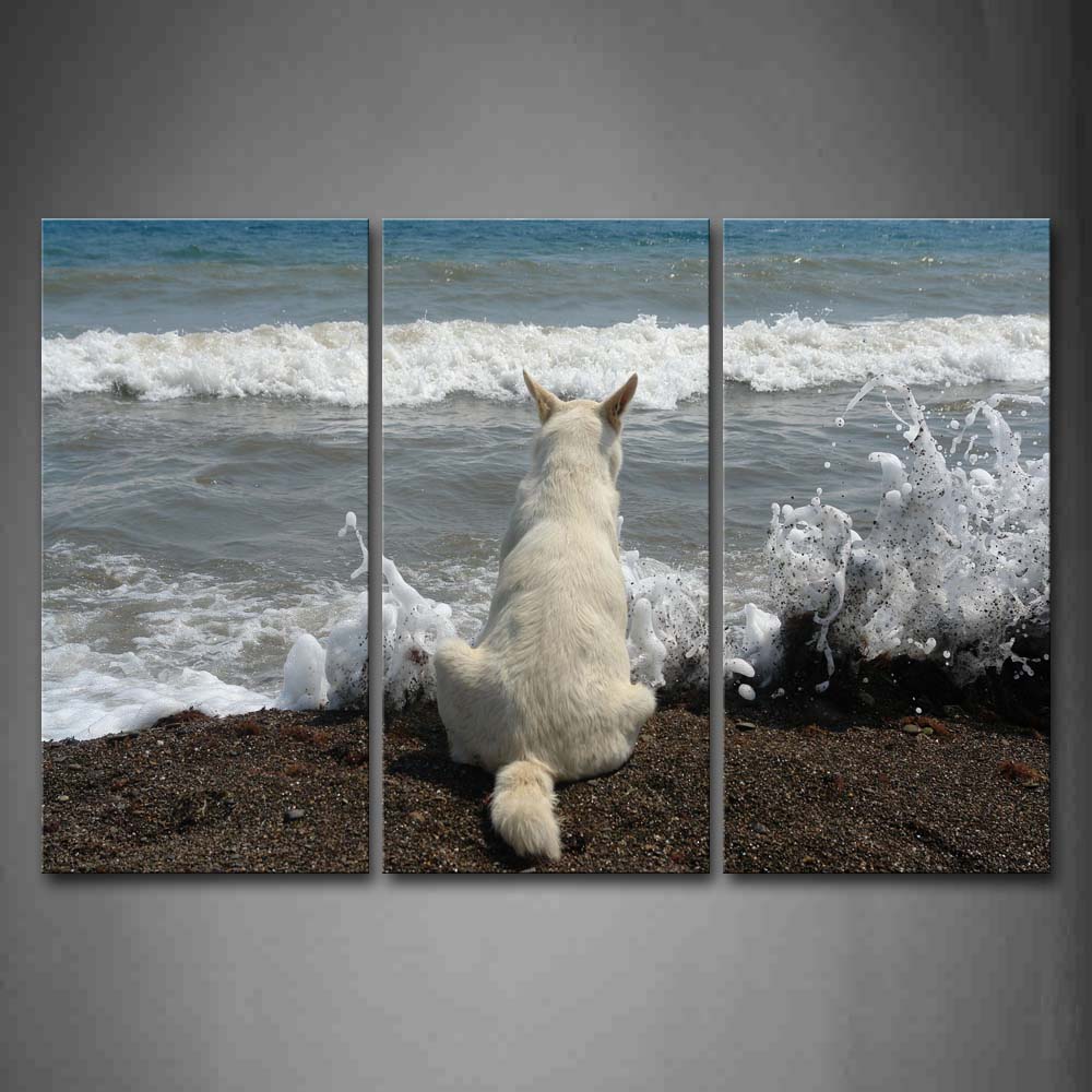 White Dog Sit At Beach Look Wave Wall Art Painting Pictures Print On Canvas Animal The Picture For Home Modern Decoration 