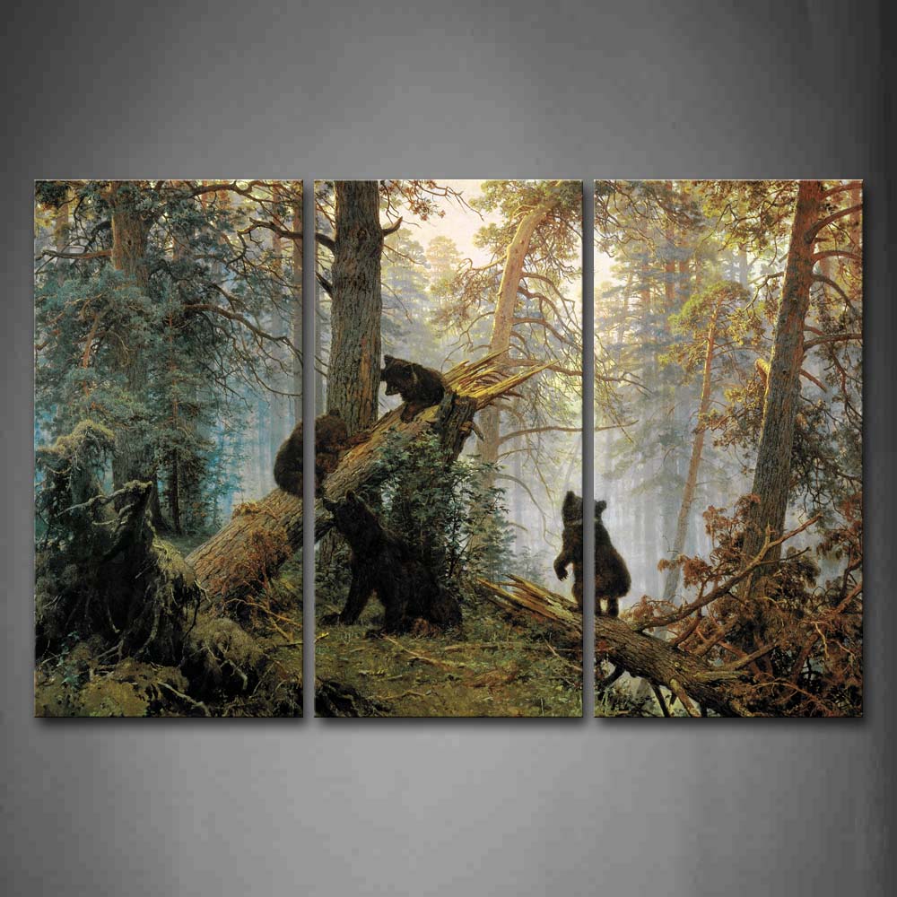 Bears Play In Forest Broken Tree Wall Art Painting The Picture Print On Canvas Animal Pictures For Home Decor Decoration Gift 