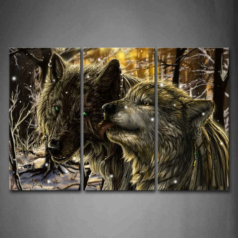 Wolf Lick The Other In Forest On Snow Day  Wall Art Painting The Picture Print On Canvas Animal Pictures For Home Decor Decoration Gift 