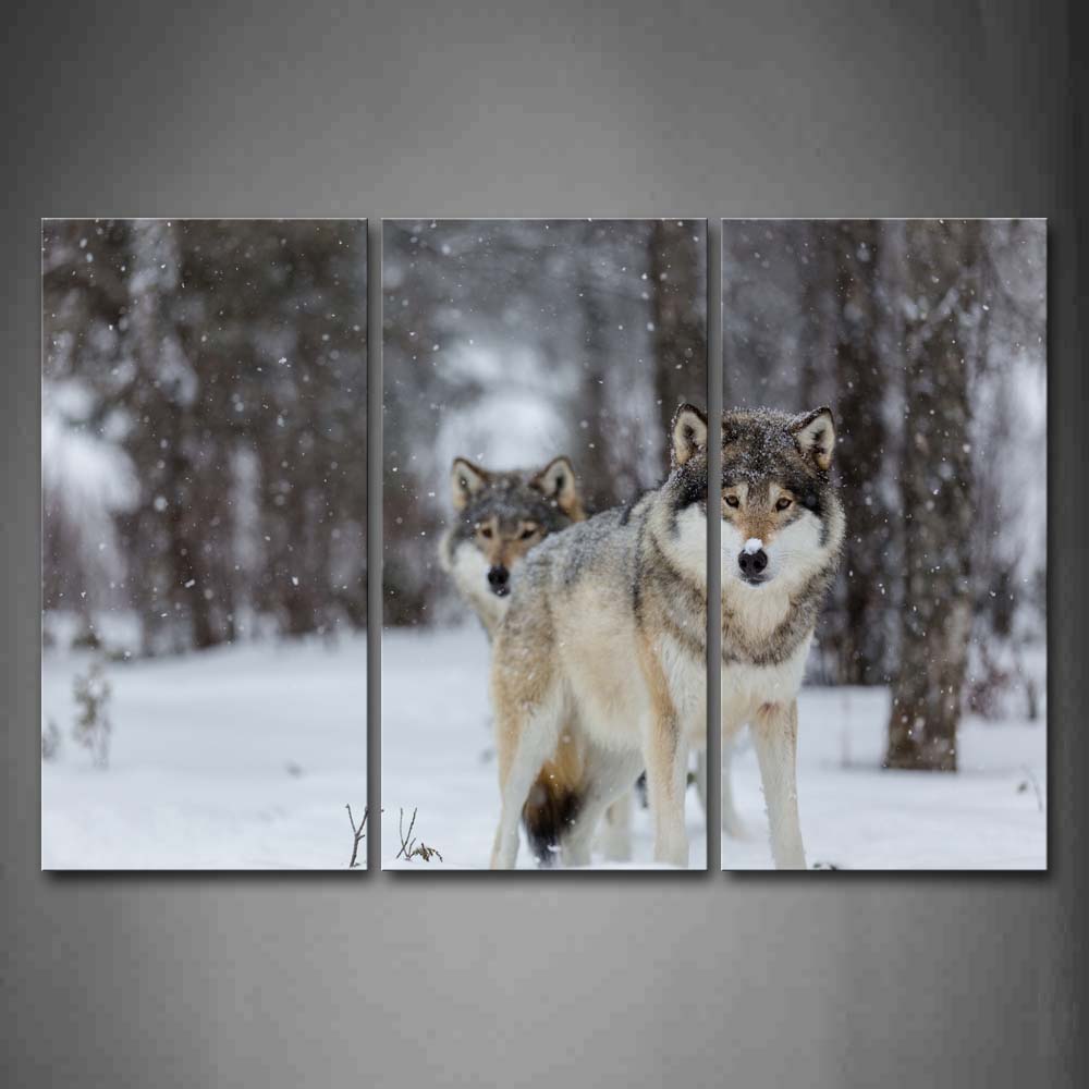 Two Wolfs Stand On Snowfield Forest Snowing Wall Art Painting Pictures Print On Canvas Animal The Picture For Home Modern Decoration 