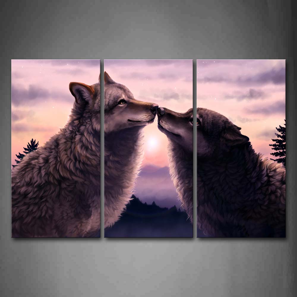 Two Wolfs Kiss At Dusk Tree Mountain Wall Art Painting The Picture Print On Canvas Animal Pictures For Home Decor Decoration Gift 