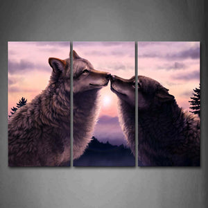 Two Wolfs Kiss At Dusk Tree Mountain Wall Art Painting The Picture Print On Canvas Animal Pictures For Home Decor Decoration Gift 