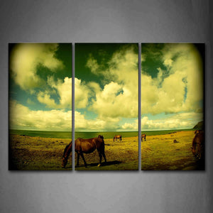 Horses On Grassland And Eat Grass Cloud Wall Art Painting Pictures Print On Canvas Animal The Picture For Home Modern Decoration 