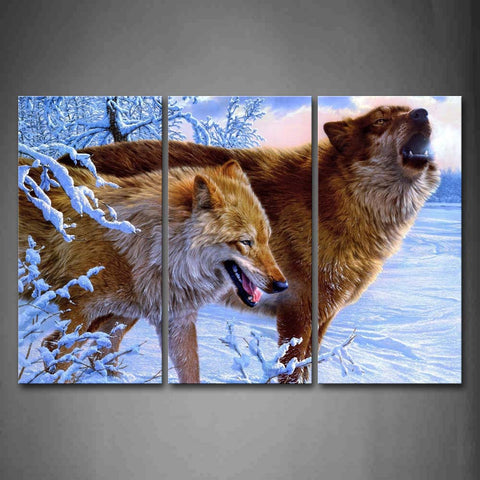 Two Wolfs Stand On Snowfield Snow Cover Trees  Wall Art Painting The Picture Print On Canvas Animal Pictures For Home Decor Decoration Gift 