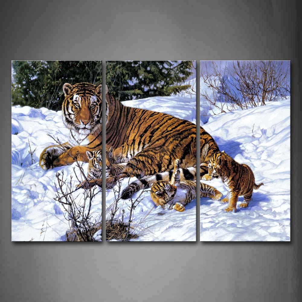 Mother Tiger With Cubs On Snowfield Tree Wall Art Painting Pictures Print On Canvas Animal The Picture For Home Modern Decoration 