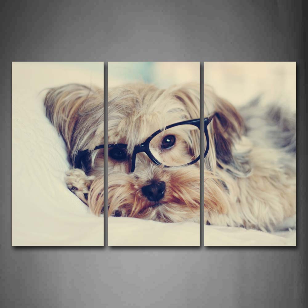 Dog Wear Glass Lie On White Blanket Wall Art Painting The Picture Print On Canvas Animal Pictures For Home Decor Decoration Gift 