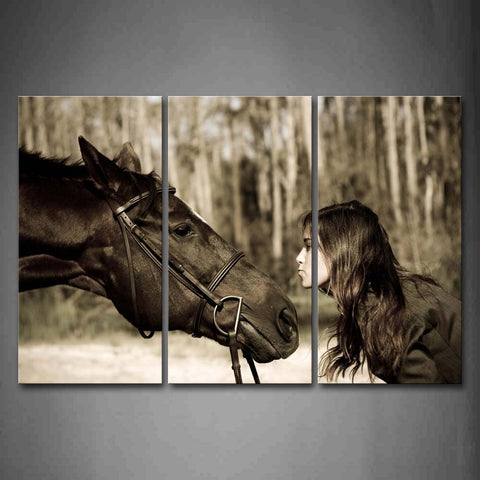 Nice Youger Girl Face To Face With A Black Horse  Wall Art Painting The Picture Print On Canvas Animal Pictures For Home Decor Decoration Gift 