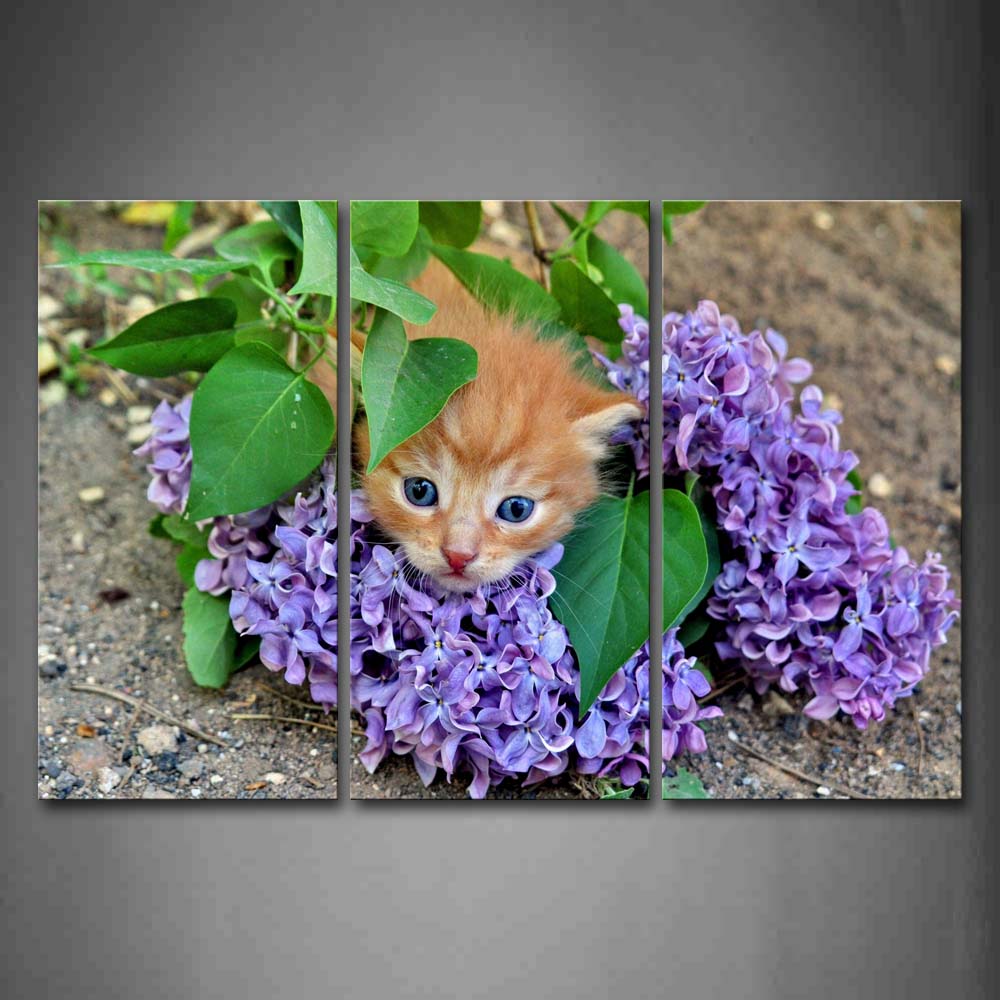 Cat Is Under Leafs And Cover Purple Flower Wall Art Painting The Picture Print On Canvas Animal Pictures For Home Decor Decoration Gift 