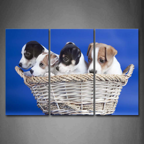 Four Dogs In Basket Blue Background Wall Art Painting Pictures Print On Canvas Animal The Picture For Home Modern Decoration 