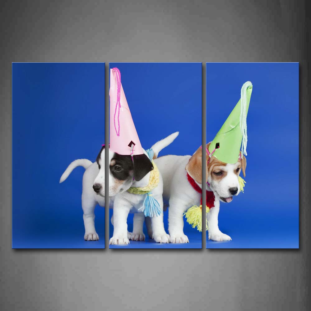 Two Dogs  Wear Cap In Blue Background Wall Art Painting Pictures Print On Canvas Animal The Picture For Home Modern Decoration 