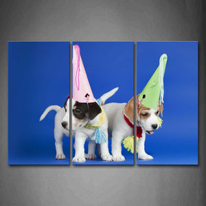 Two Dogs  Wear Cap In Blue Background Wall Art Painting Pictures Print On Canvas Animal The Picture For Home Modern Decoration 