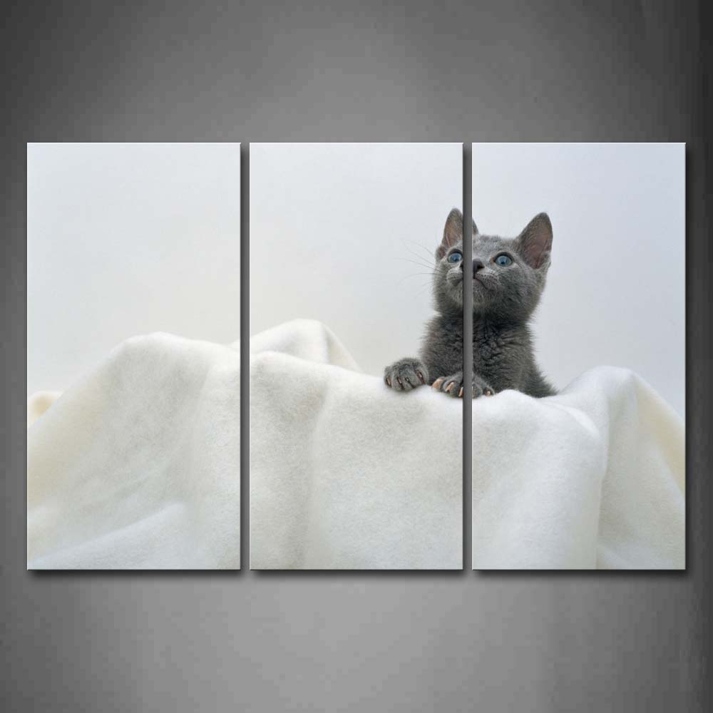 Gray Cat Bend Over On White Blanket  Wall Art Painting The Picture Print On Canvas Animal Pictures For Home Decor Decoration Gift 