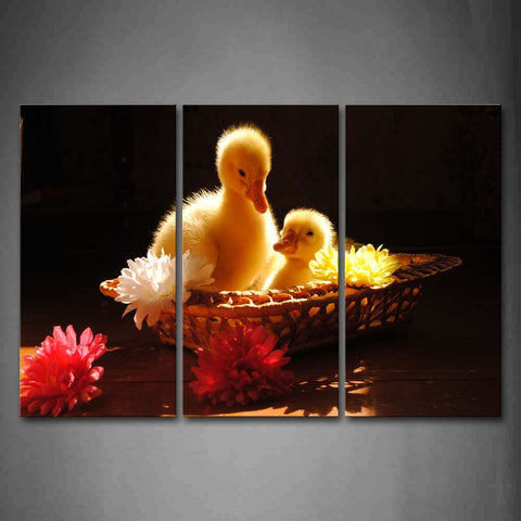 Ducks In The Basket With Flowers Wall Art Painting Pictures Print On Canvas Animal The Picture For Home Modern Decoration 