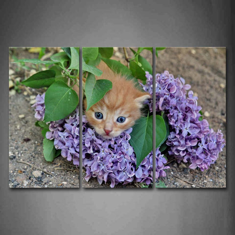 Yellow Cat Surrounded By Purple Flowers And Leaves Wall Art Painting Pictures Print On Canvas Animal The Picture For Home Modern Decoration 