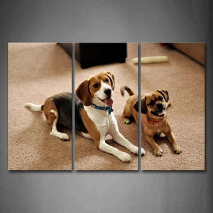 Brown Two Dogs Sit On The Floor With Tongues Hanging Out   Wall Art Painting Pictures Print On Canvas Animal The Picture For Home Modern Decoration 