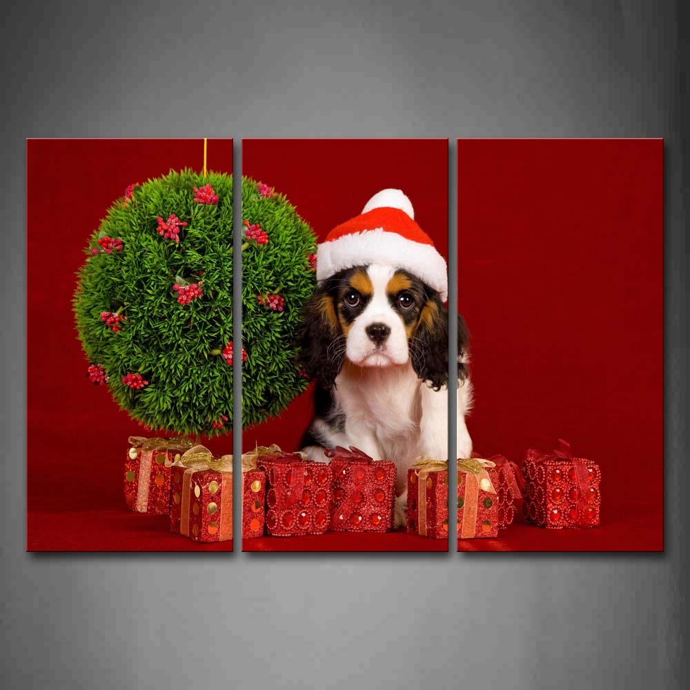 Red Dog Wear Christmas Hat Stand Among Gifts Ball Wall Art Painting Pictures Print On Canvas Animal The Picture For Home Modern Decoration 