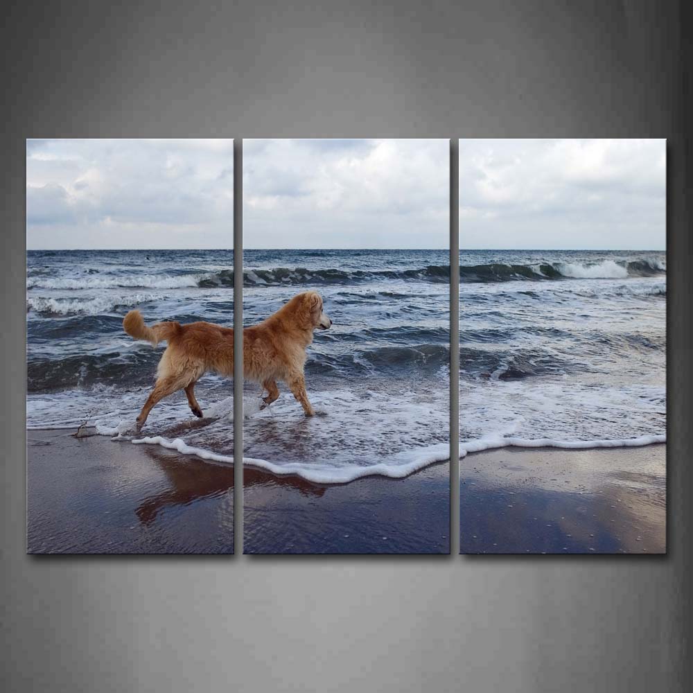 Yellow Dog Walk On Seaside Wall Art Painting Pictures Print On Canvas Animal The Picture For Home Modern Decoration 