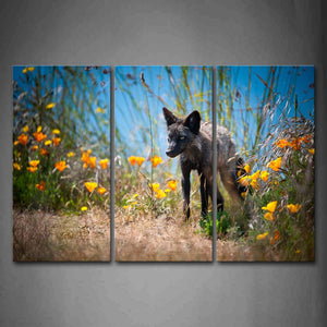 Black Fox Stand Near Flowers And Grass Wall Art Painting The Picture Print On Canvas Animal Pictures For Home Decor Decoration Gift 