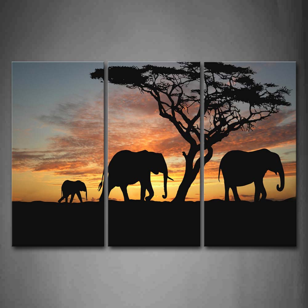 Three Elephants Walk Bear Tree Wall Art Painting Pictures Print On Canvas Animal The Picture For Home Modern Decoration 