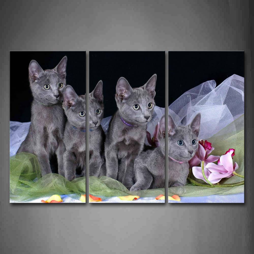 Four Gray Cats Sit Together Near Flowers Wall Art Painting The Picture Print On Canvas Animal Pictures For Home Decor Decoration Gift 