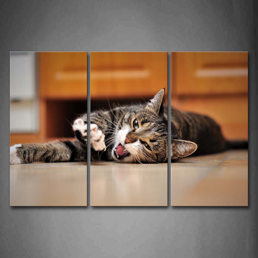 Cat Lie On Floor With Mouth Open Near Table Wall Art Painting The Picture Print On Canvas Animal Pictures For Home Decor Decoration Gift 