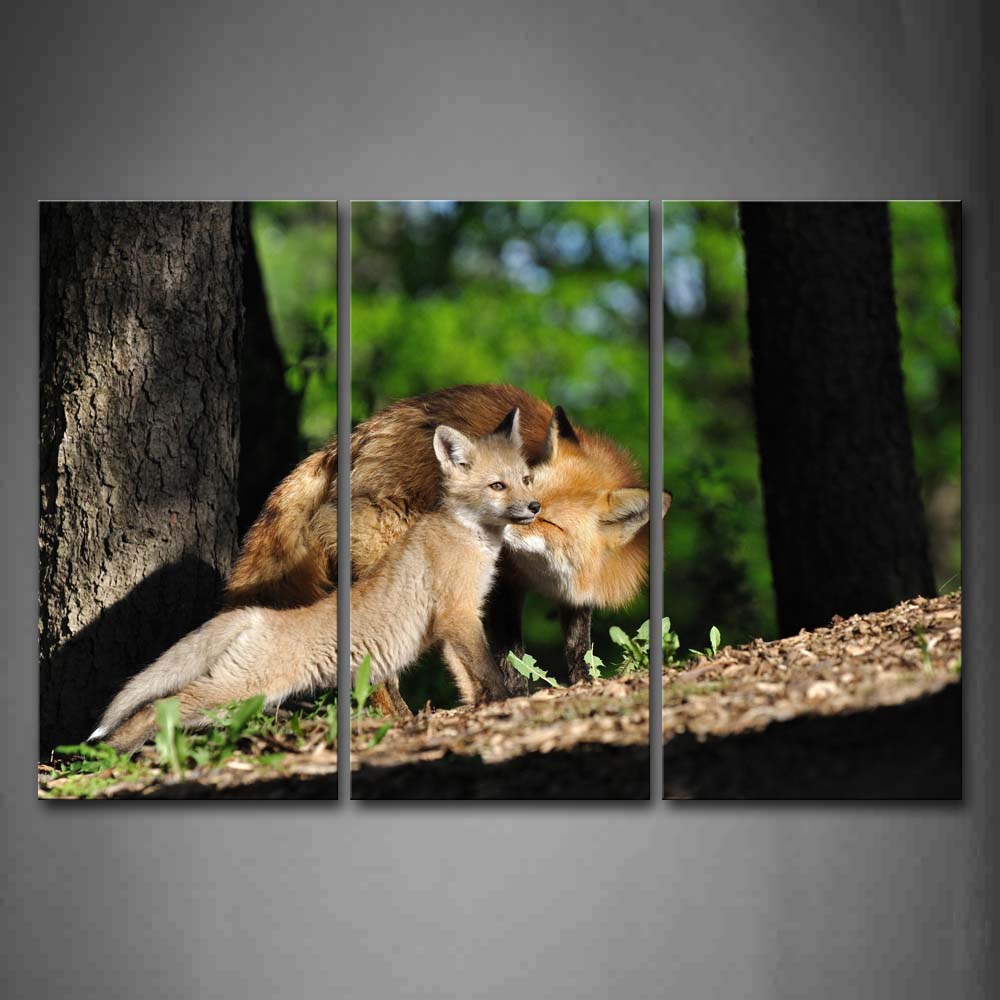 Old Fox Kiss Little Fox Under A Tree Wall Art Painting The Picture Print On Canvas Animal Pictures For Home Decor Decoration Gift 