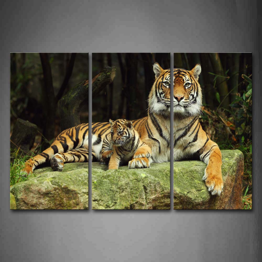 Two Tigers Lie On Stone In Forest Wall Art Painting The Picture Print On Canvas Animal Pictures For Home Decor Decoration Gift 