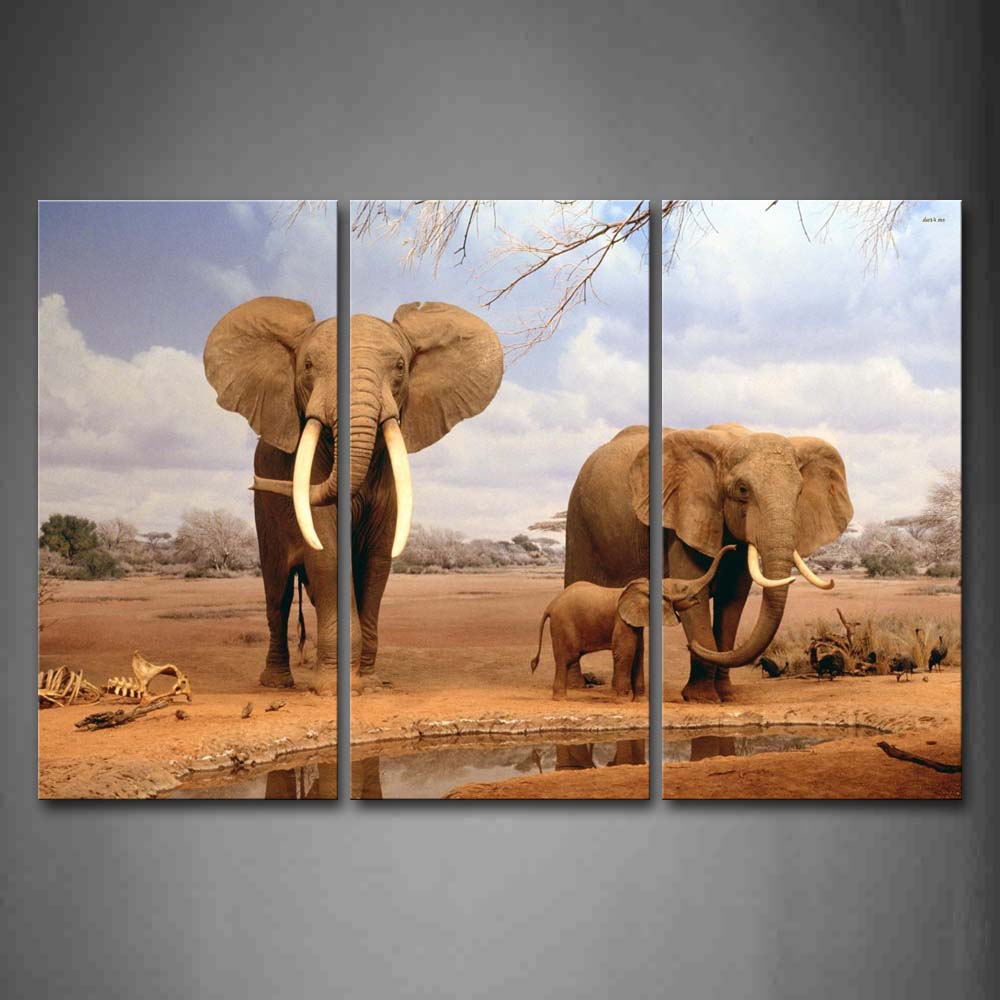 Brown Three Elephants Stay Near Pool  Wall Art Painting The Picture Print On Canvas Animal Pictures For Home Decor Decoration Gift 